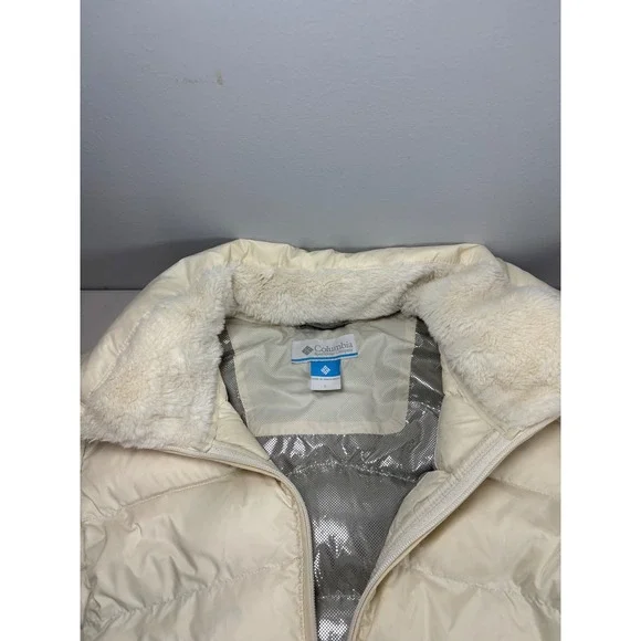 Columbia White‎ Autumn Park Down Jacket Large Omni-Heat Mink-Fleece Collar $130